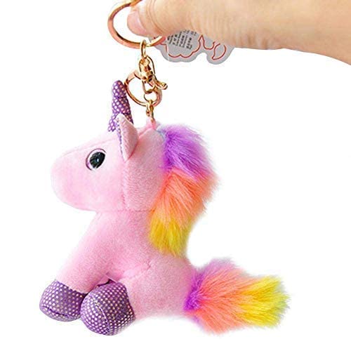 Glittery Unicorn Horn Keyring Keychain, Pink Plush with Rainbow Mane and Tail