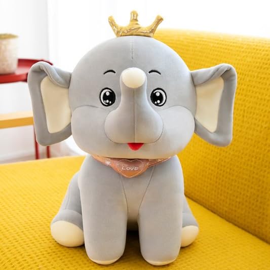 35 cms Royal Elephant Plush Toy with Golden Crown - 35cm Soft Toy Stuffed Animal Grey Elephant with Heart Necklace - Cuddly Gift for Kids Toddlers Boys Girls Birthday, Valentine Gift Décor