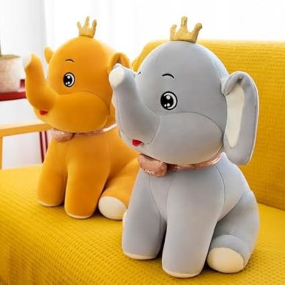 35 cms Royal Elephant Plush Toy with Golden Crown - 35cm Soft Toy Stuffed Animal Grey Elephant with Heart Necklace - Cuddly Gift for Kids Toddlers Boys Girls Birthday, Valentine Gift Décor