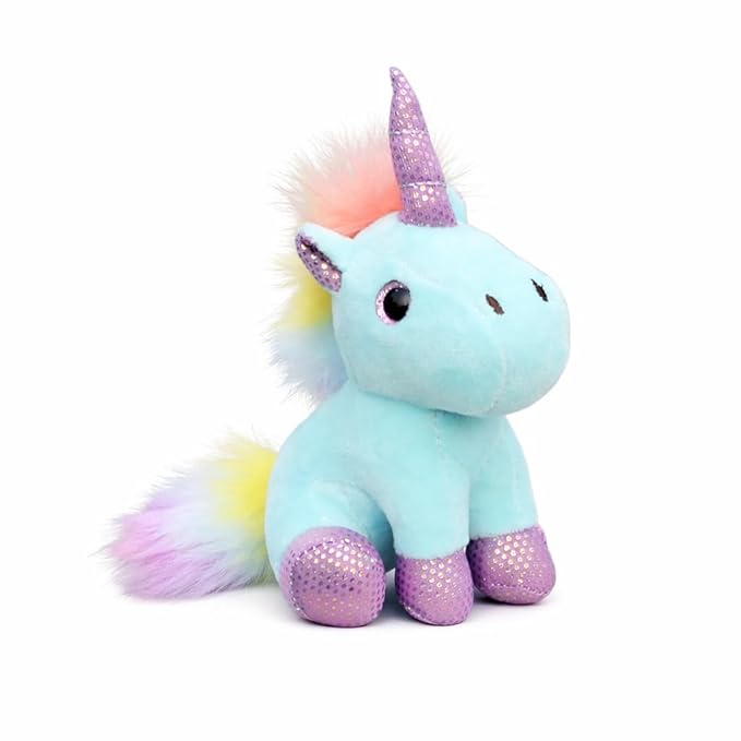 Glittery Unicorn Horn Keyring Keychain, Pink Plush with Rainbow Mane and Tail