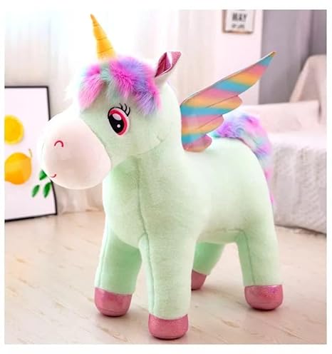 Soft Stuffed Plush Fantastic Glow Rainbow Wings Unicorn Horse Animal Toy for Kids Room Color- Green 30 cm