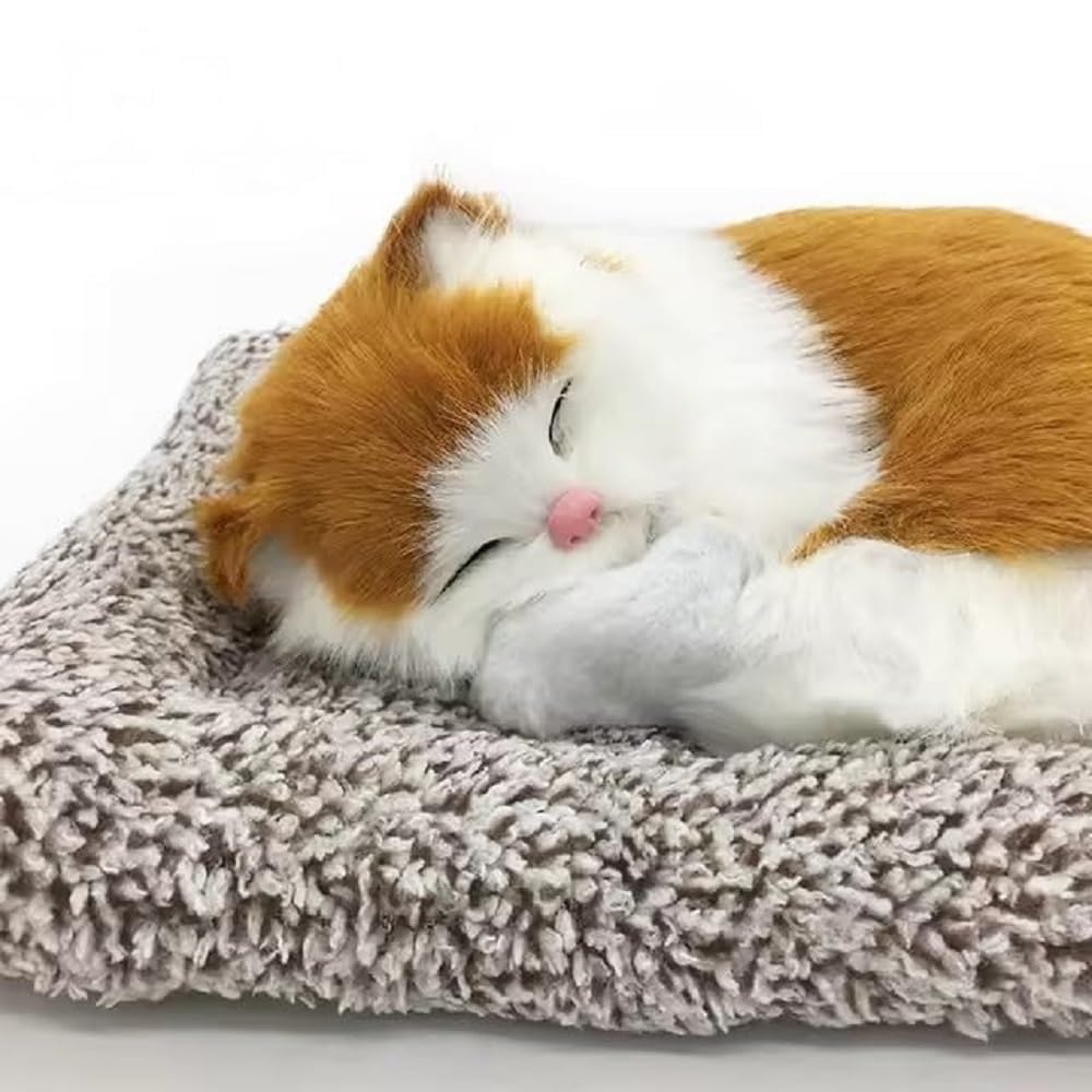 Sleeping Cat Plush Toy with Press Sound – Realistic Fur, Cute Stuffed Animal for Kids, Car Dashboard & Desk Décor – Simulated Breathing Sound Cat Toy (Orange and White)