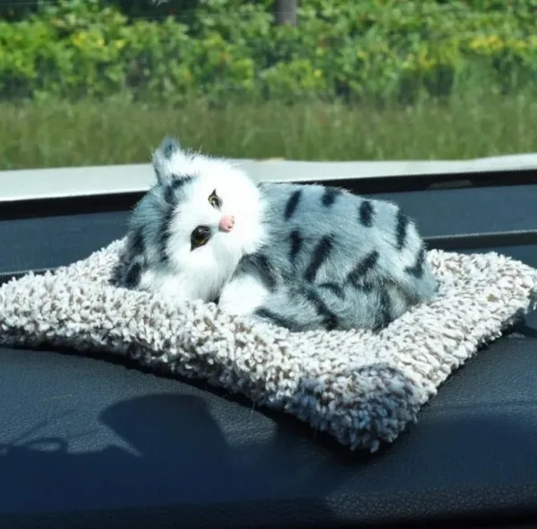 Soft Plush Cat Toy on Grey Mat with Meow Sound – Realistic Stuffed Cat for Car Dashboard & Kids
