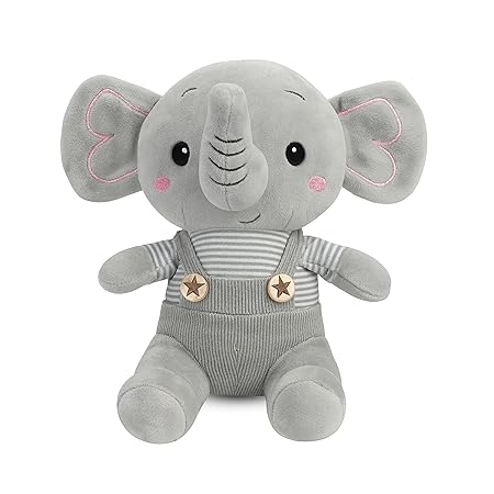 35cm Elephant Soft Toy | Cute Plush Elephant in Pink Dungaree & Striped Tee | Ultra Soft Cuddle Toy for Kids Boys Girls Room Décor