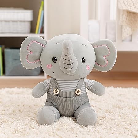 35cm Elephant Soft Toy | Cute Plush Elephant in Pink Dungaree & Striped Tee | Ultra Soft Cuddle Toy for Kids Boys Girls Room Décor