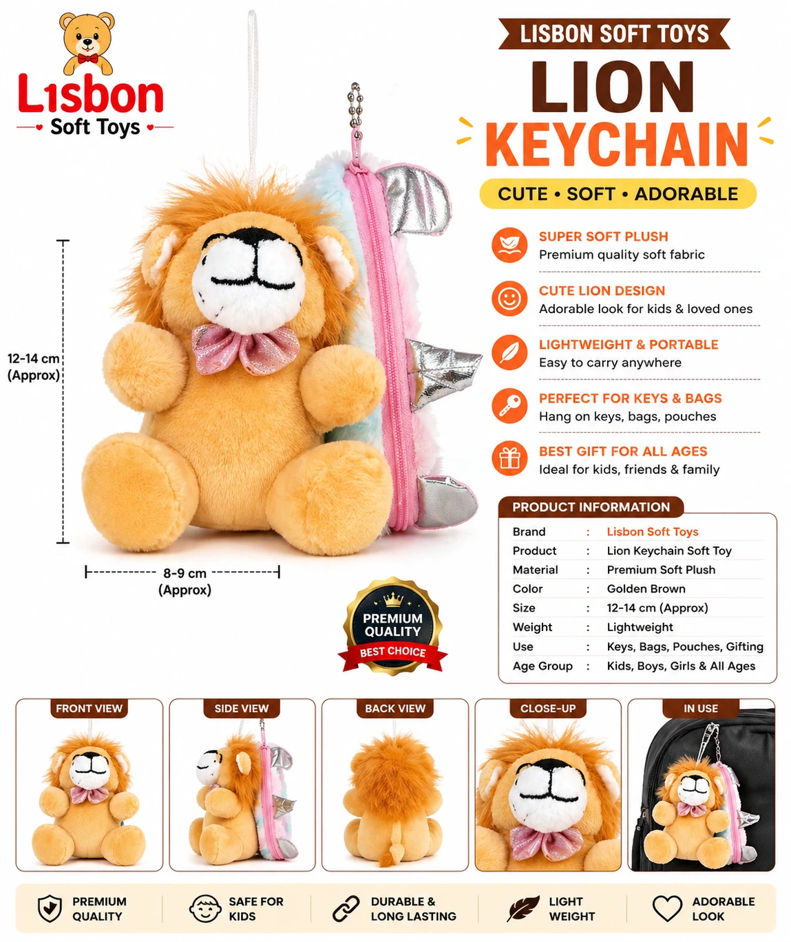 Cute Lion Soft Toy Keychain | Mini Plush Animal Key Ring for Kids Gift Bag Charm