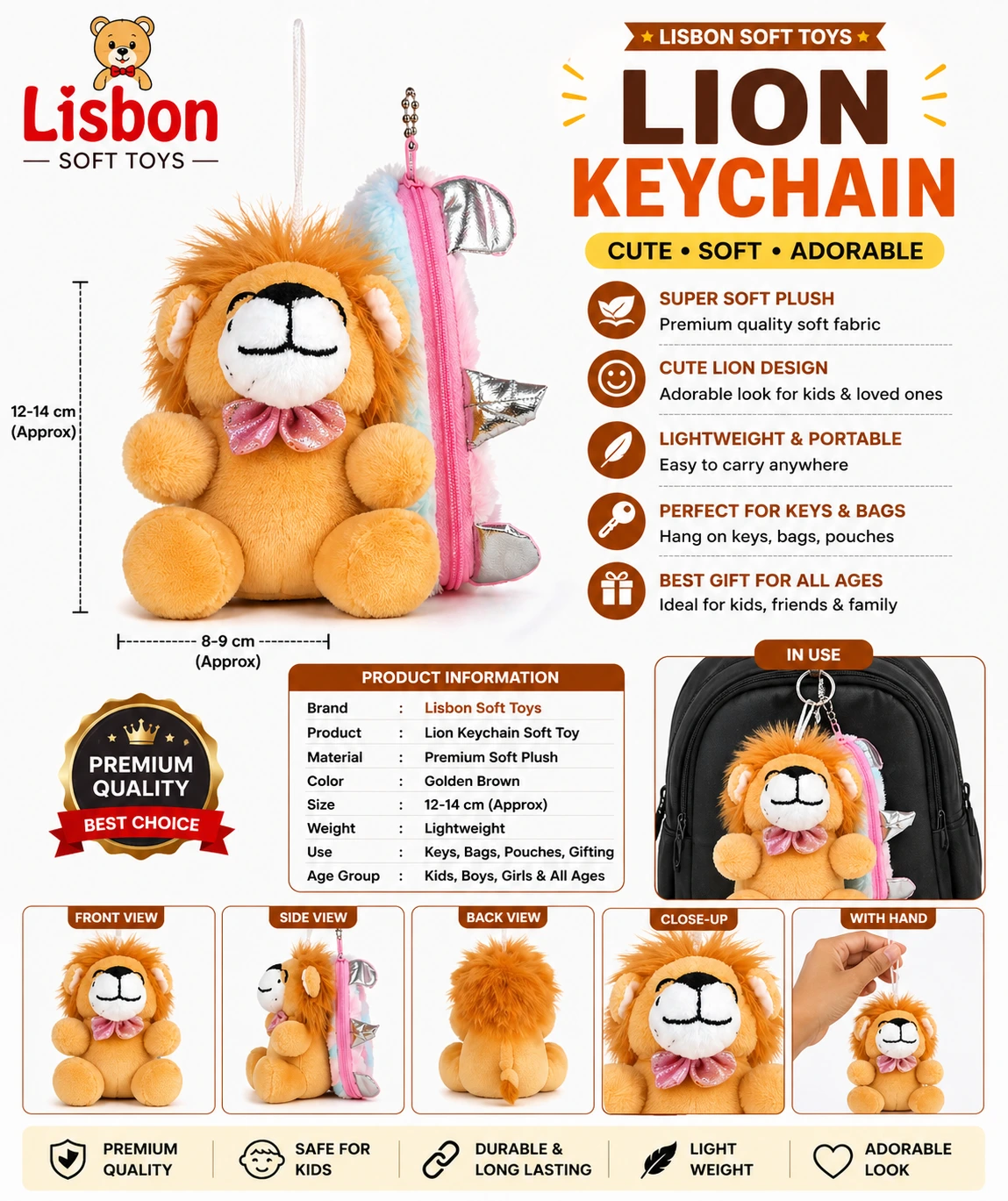 Cute Lion Soft Toy Keychain | Mini Plush Animal Key Ring for Kids Gift Bag Charm