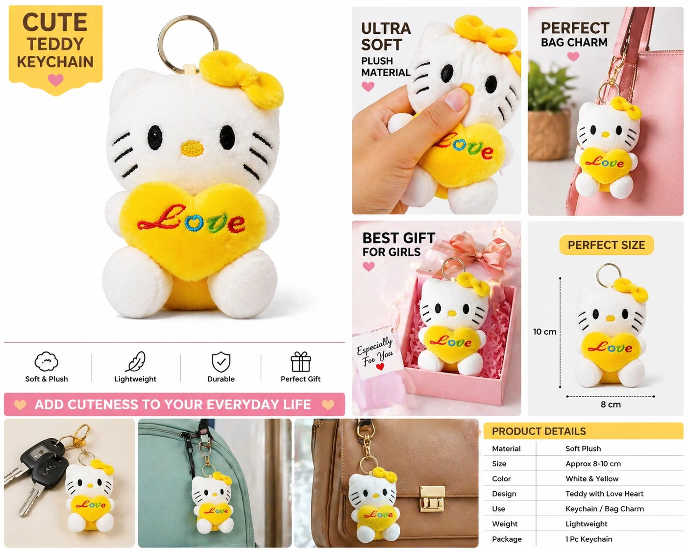 Cute Plush Teddy Bear Keychain with Love Heart – Soft Mini Keyring for Girls & Kids Gift