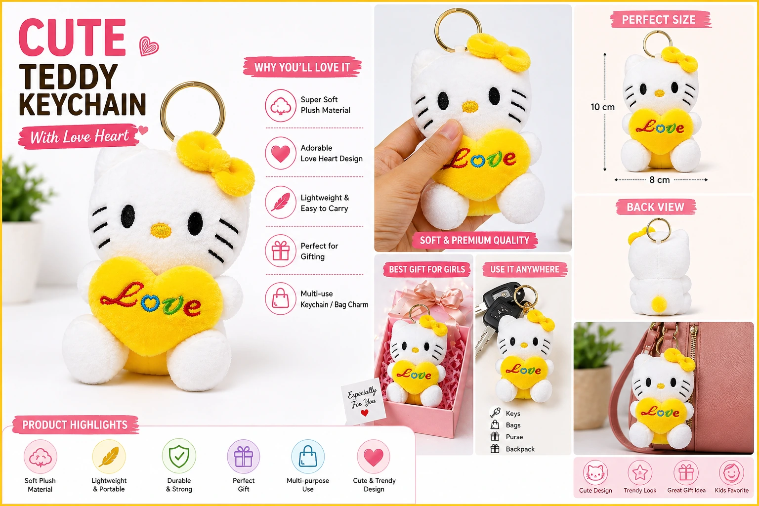 Cute Plush Teddy Bear Keychain with Love Heart – Soft Mini Keyring for Girls & Kids Gift