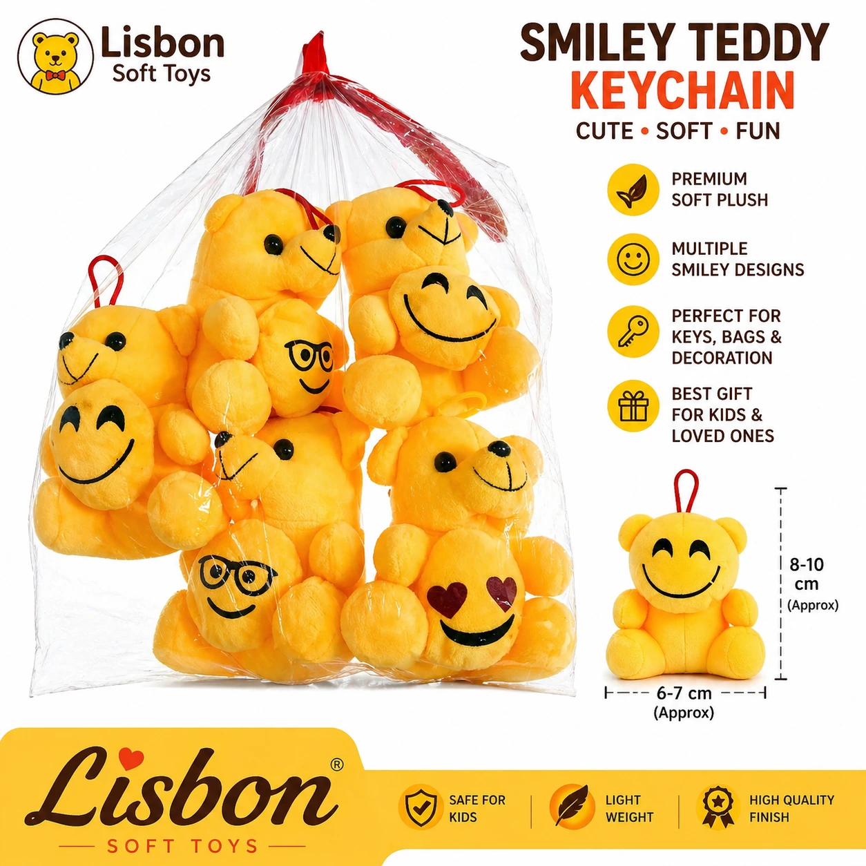 Lisbon Soft Toys Smiley Teddy Keychain | Cute Emoji Plush Soft Toy Key Ring for Kids & Gifts