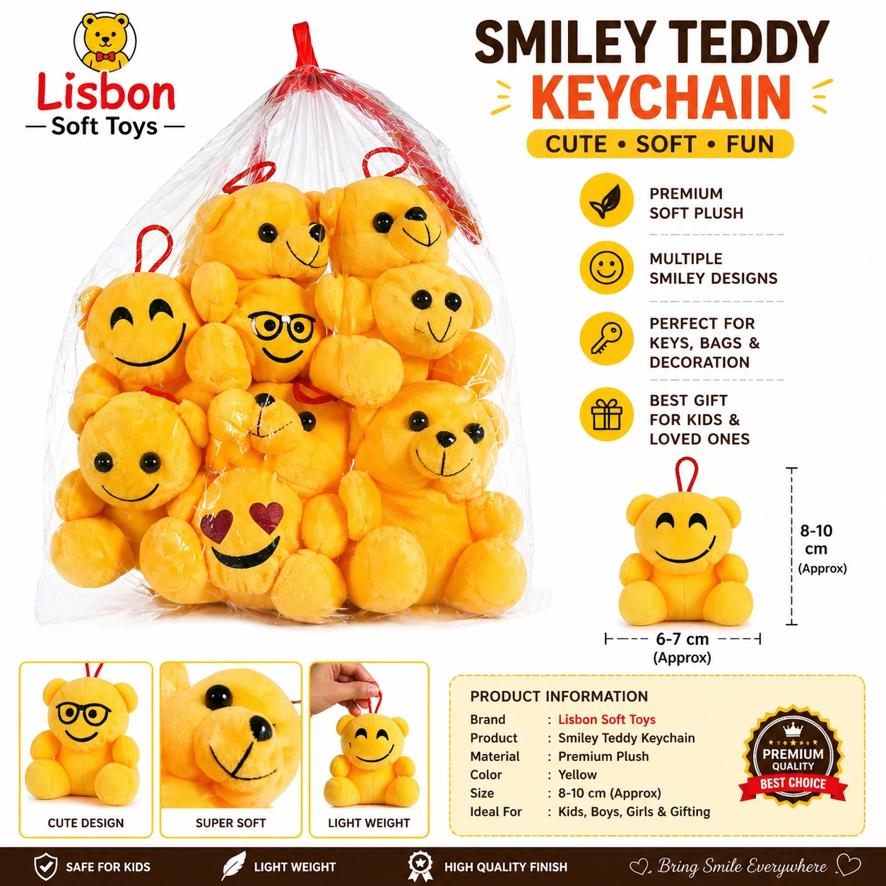 Lisbon Soft Toys Smiley Teddy Keychain | Cute Emoji Plush Soft Toy Key Ring for Kids & Gifts