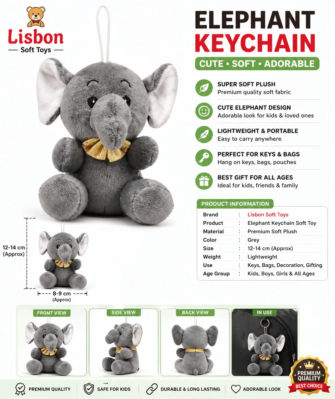 Soft Toys Cute Elephant Keychain | Soft Plush Baby Elephant Hanging Toy | Kids Gift Key Ring Grey