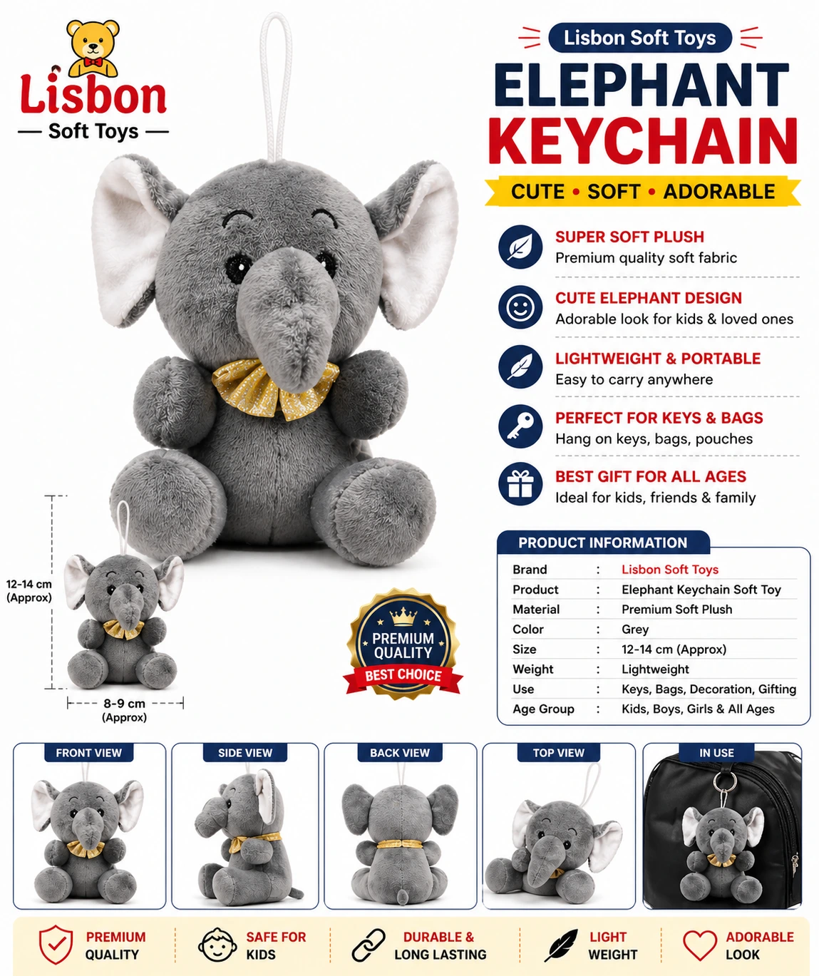 Soft Toys Cute Elephant Keychain | Soft Plush Baby Elephant Hanging Toy | Kids Gift Key Ring Grey