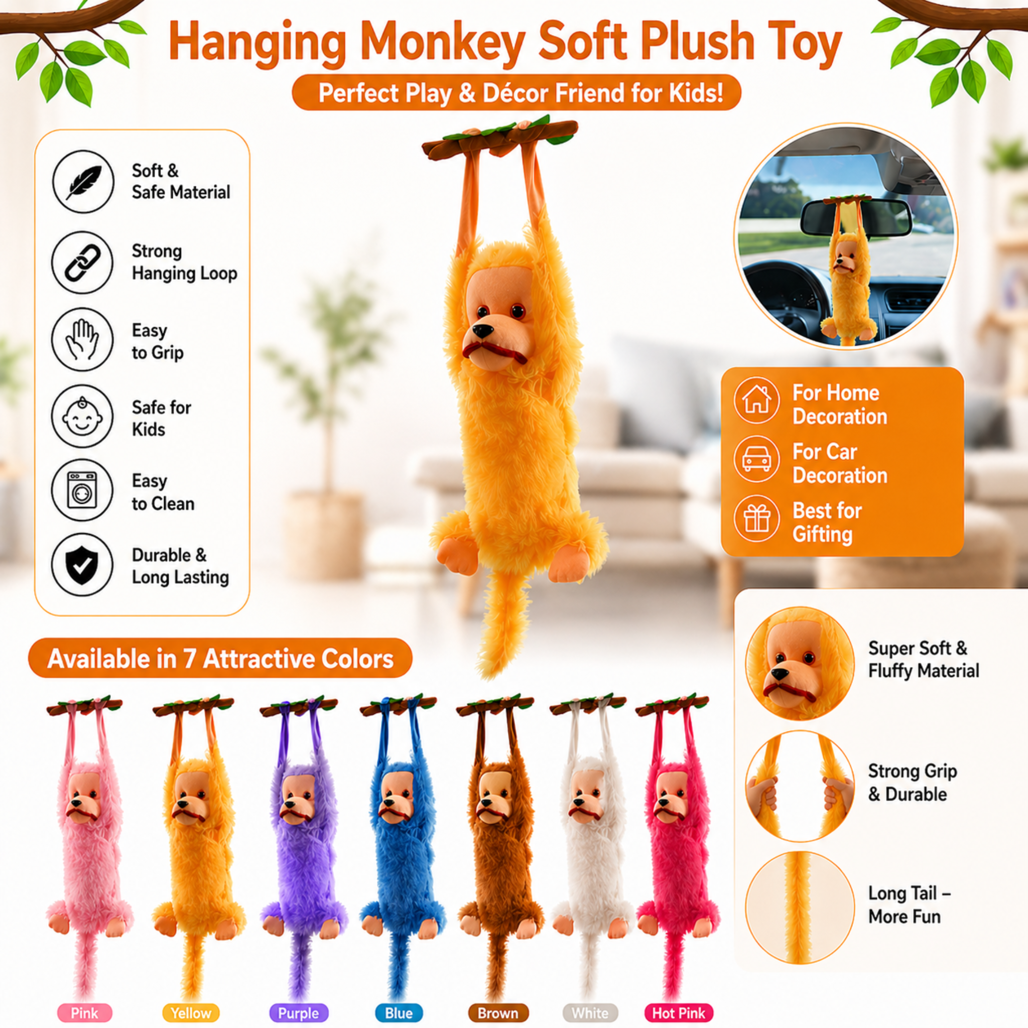 Soft Plush Hanging Monkey Toy for Kids | Car & Home Decoration Cute Monkey Doll | Gift for Boys & Girls