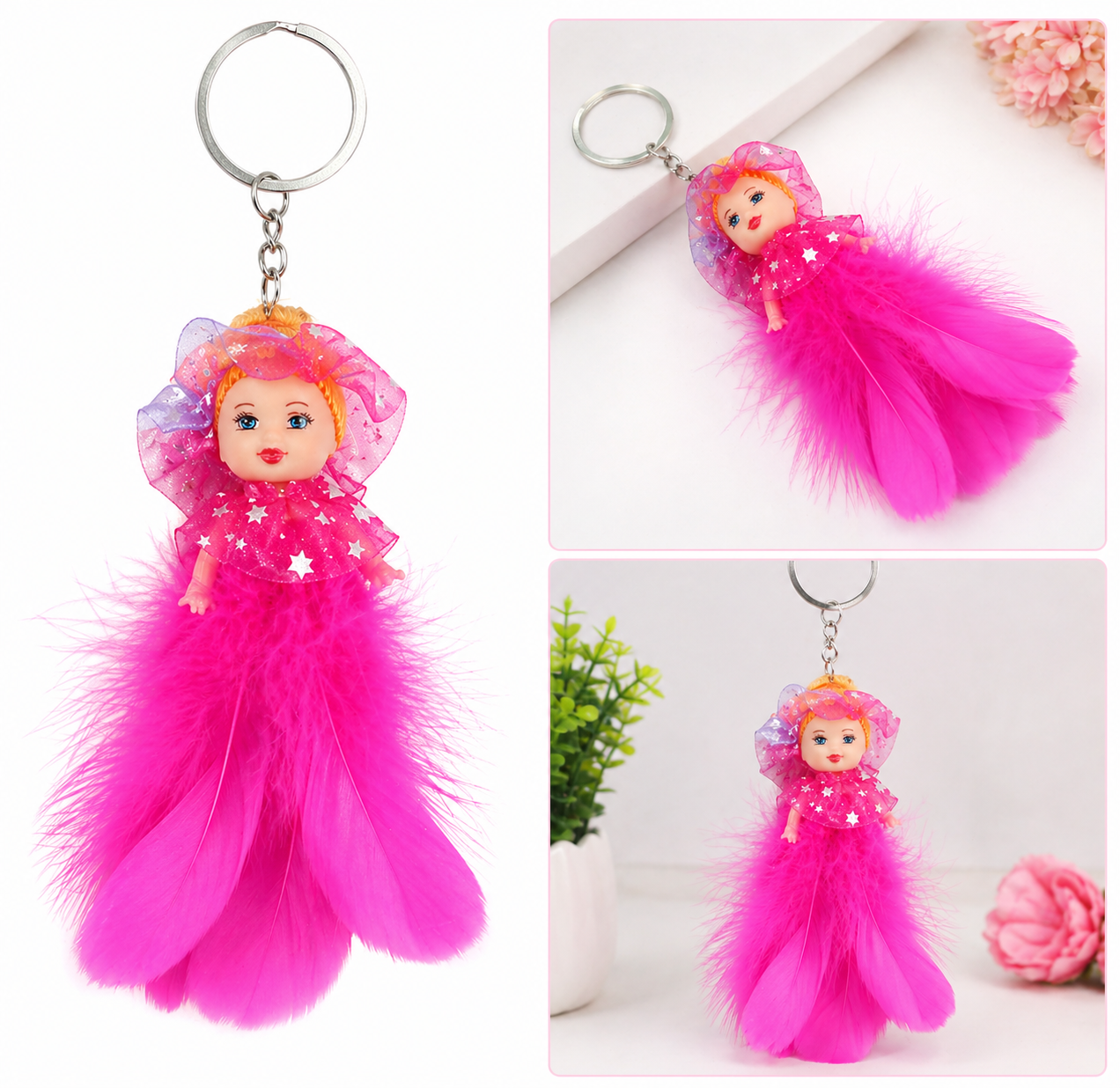 Cute Pink Feather Doll Keychain for Girls | Stylish Bag Charm | Soft Toy Keyring | Gift for Kids & Women