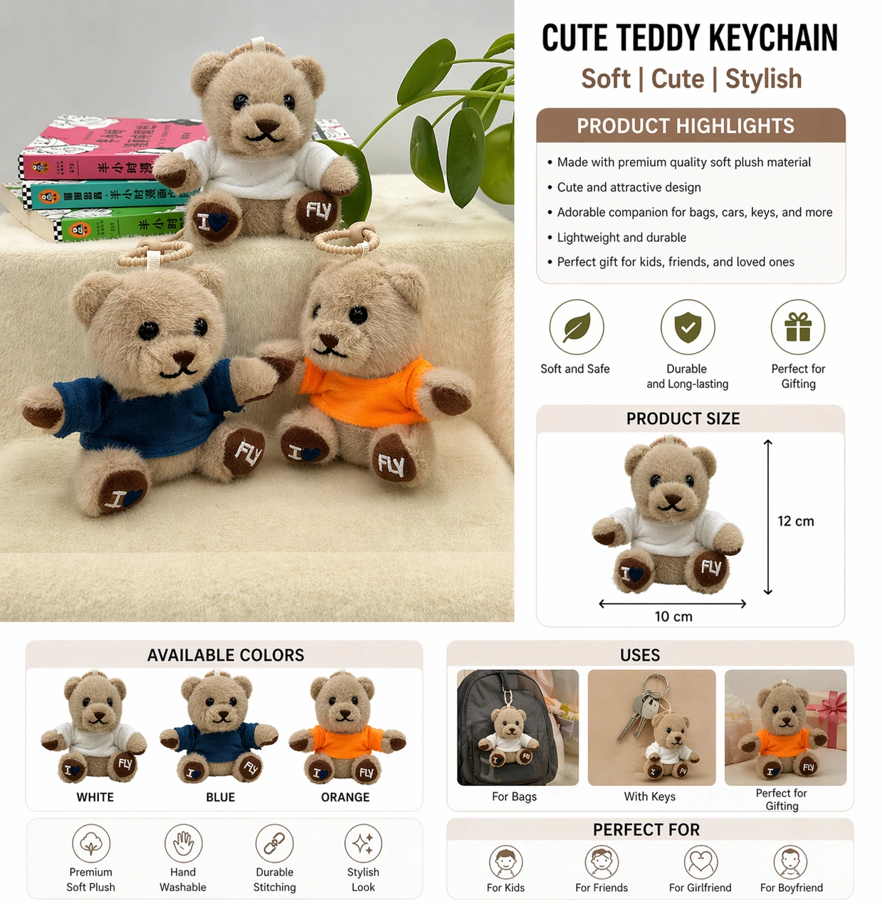 Cute Teddy Bear Keychain Soft Plush Toy for Kids Girls Boys Bag Charm Gift (Multicolor)