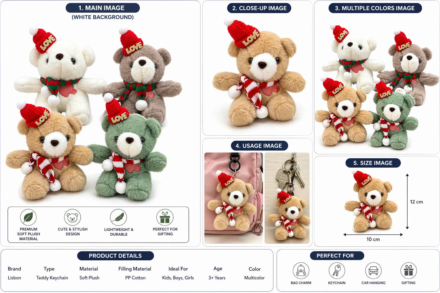 Keychain Soft Plush Teddy Bear Keychain with Cap & Scarf Cute Mini Soft Toy Gift for Kids Girls Boys (Multicolor)