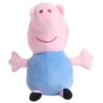 George Pig stuffed plush toy with pink body, blue outfit, and black shoes, arms outstretched and smiling. soft toys.