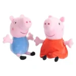 George Pig stuffed plush toy with pink body, blue outfit, and black shoes, arms outstretched and smiling.